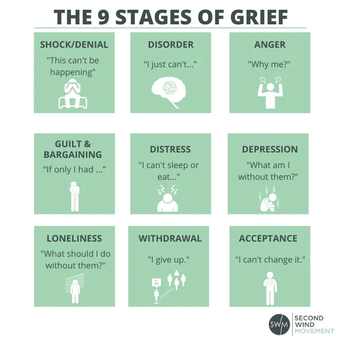 the 9 stages of grief are shock and denial, disoranization and disorder, anger, guilt and bargaining, distress, depression, loneliness, withdrawal and acceptance
