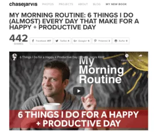 screenshot of chase jarvis' website about having a morning routine and the 6 things to do for a happy and productive day 
