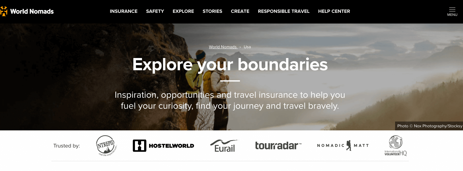 a screenshot of the worlds nomads website, a company for travel insurance on a budget