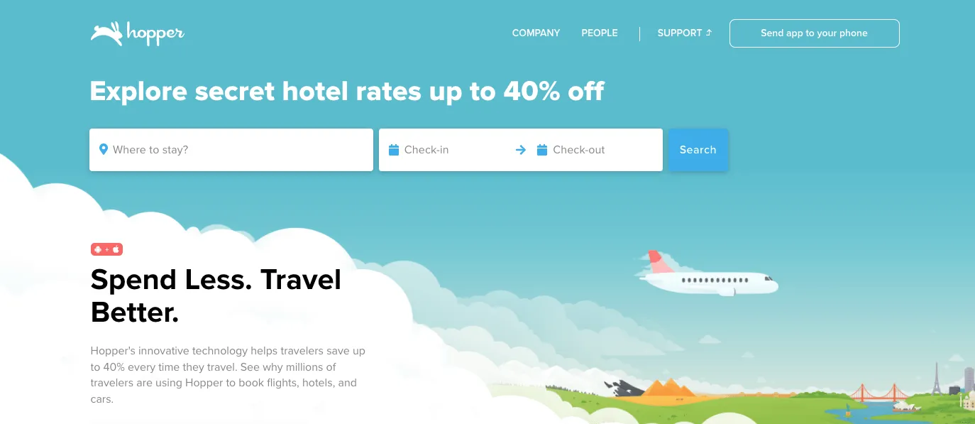 a screenshot of the hopper website that enables you to watch for hotel and flight rates and fees