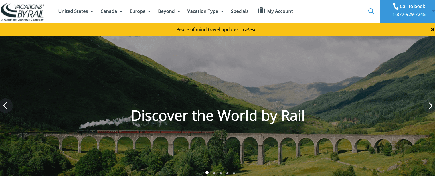 screenshot of a vacations by rail website to travel the world by train