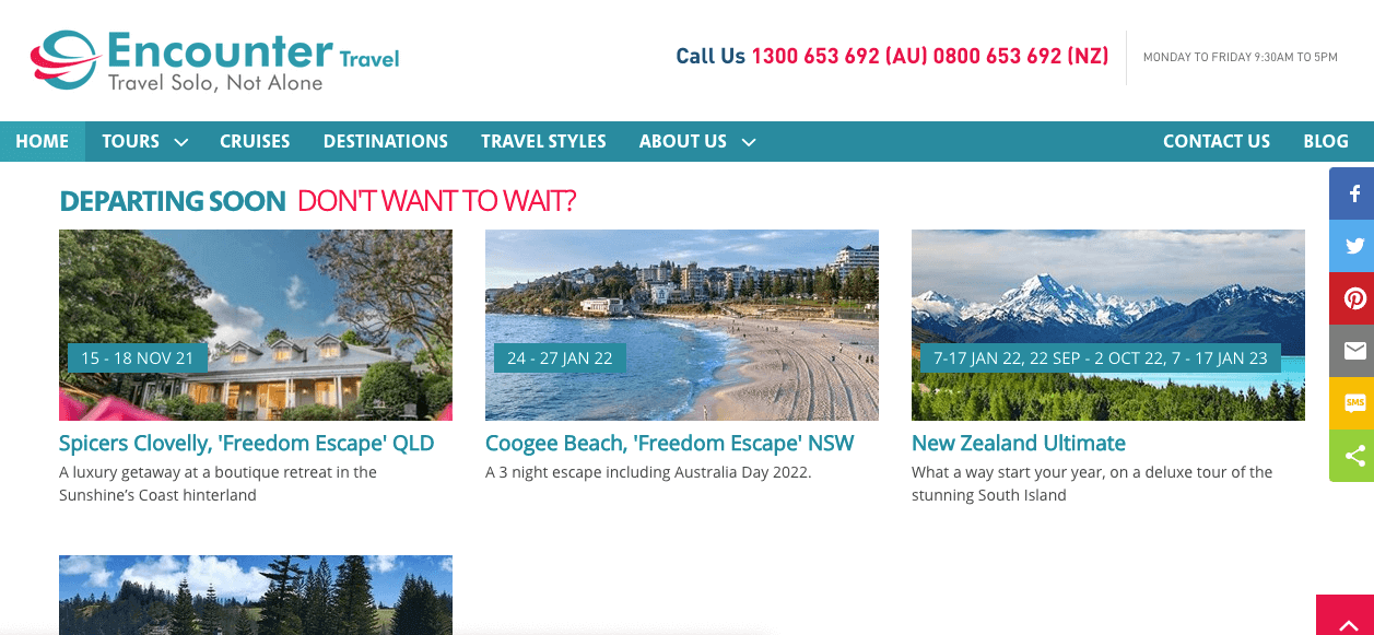 encounter travel website screenshot, a group solo travel company