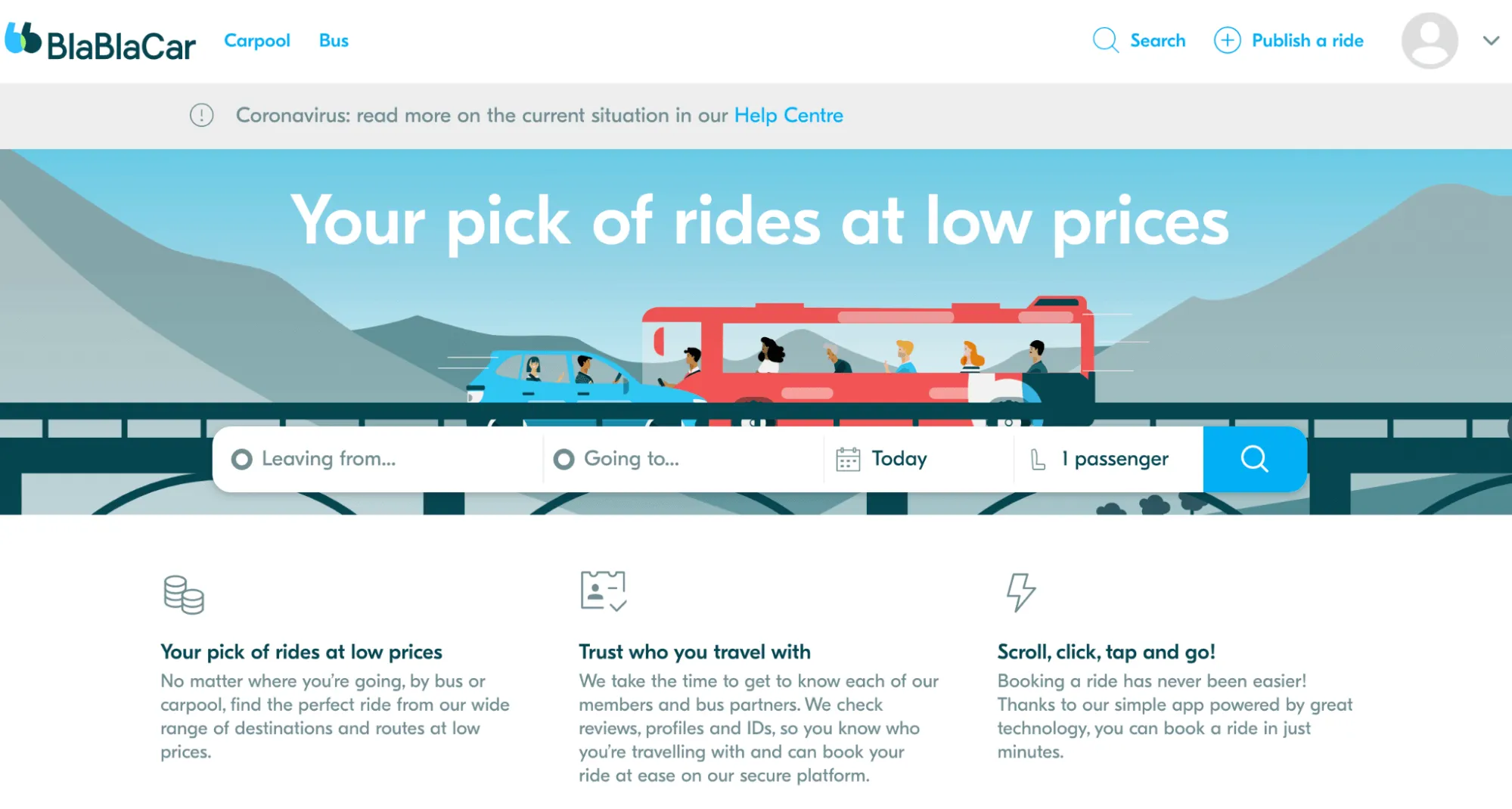 a screenshot of blablacar a carpooling services that promotes travel on a budget