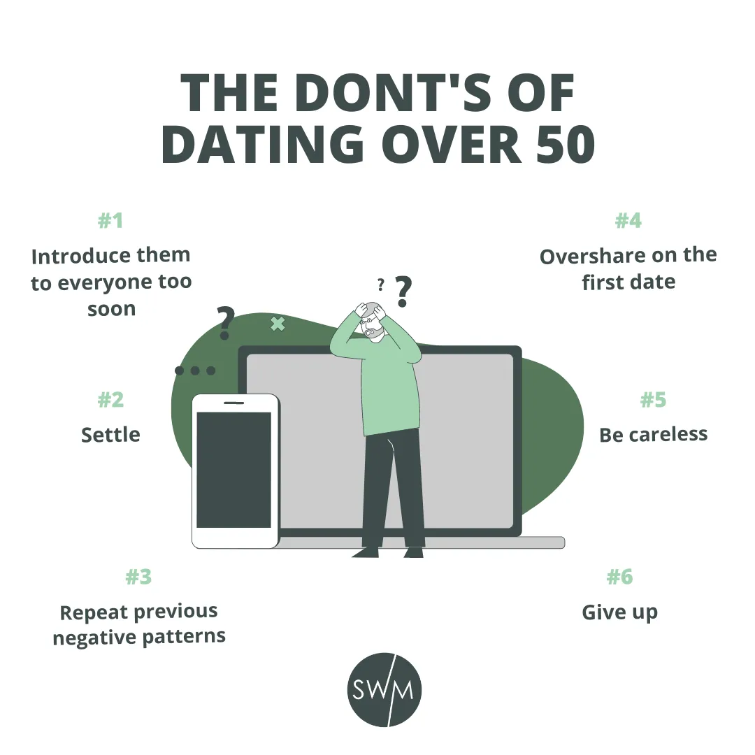 the don'ts of dating rules over 50: introduce them to everyone too soon, settle, repeat previous negative patterns, overshare on the first date, be careless, give up