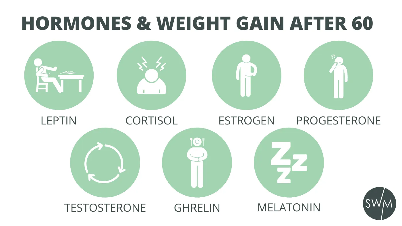 hormones and weight gain after 60: leptin, cortisol, estrogen, progesterone, testosterone, ghrelin, and melatonin