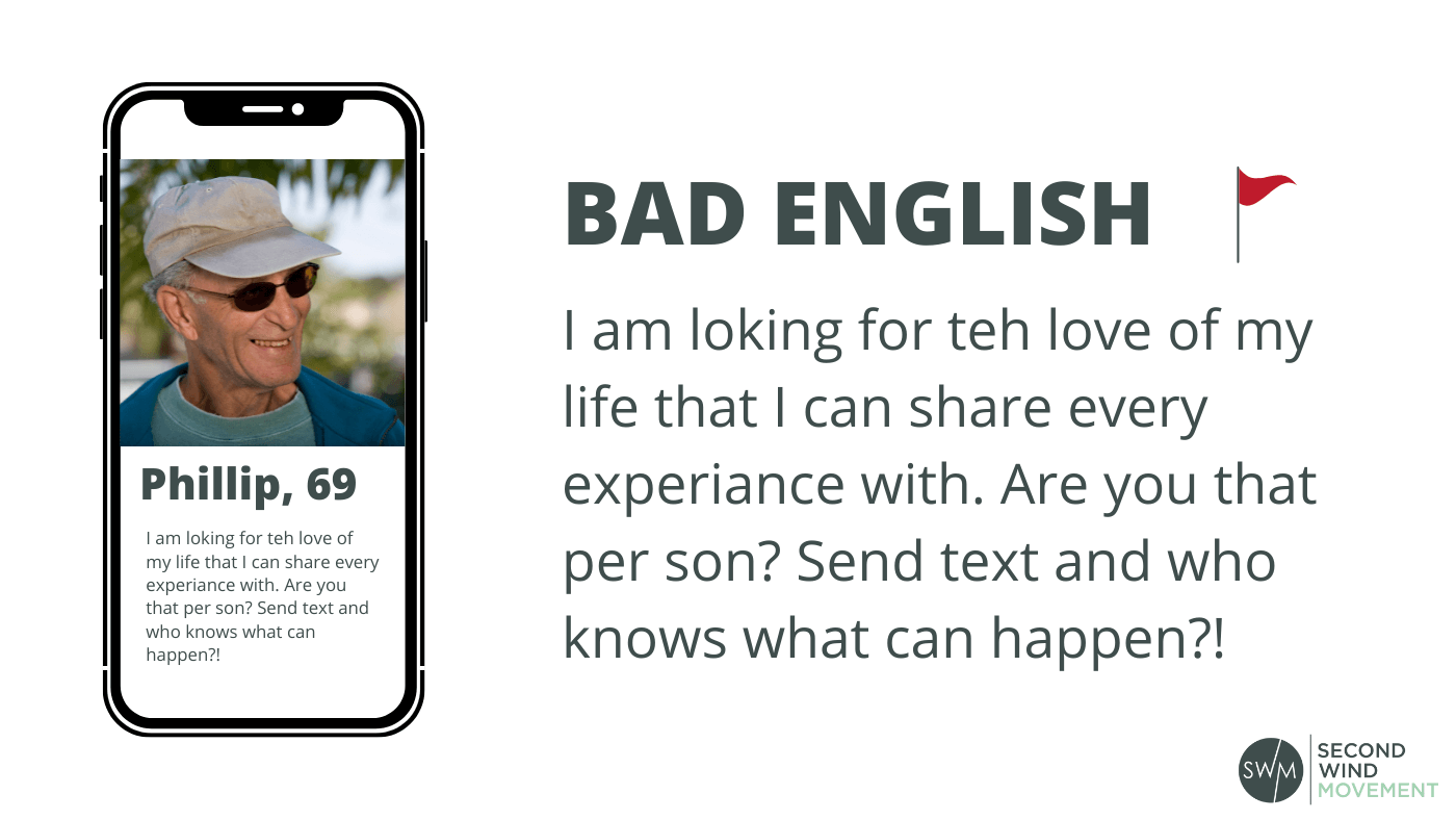 example of an online dating profile with bad english and grammar and spelling mistakes which could indicate a romance scam