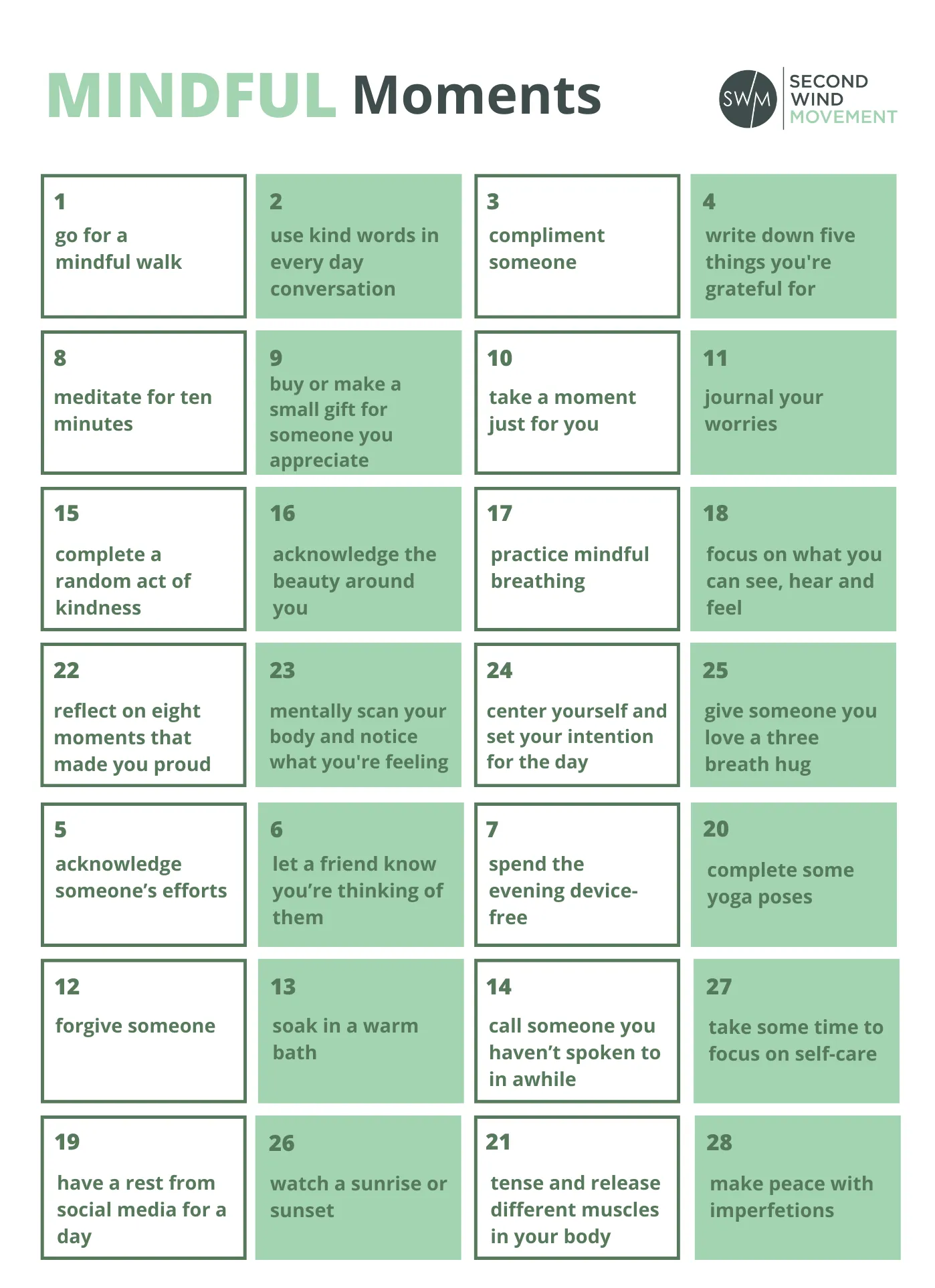 28 days of mindful moments and mindfulness calendar