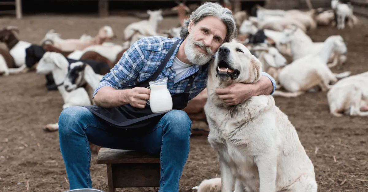 older man hugging a dog and holding a jug of milk on a farm with goats in the background