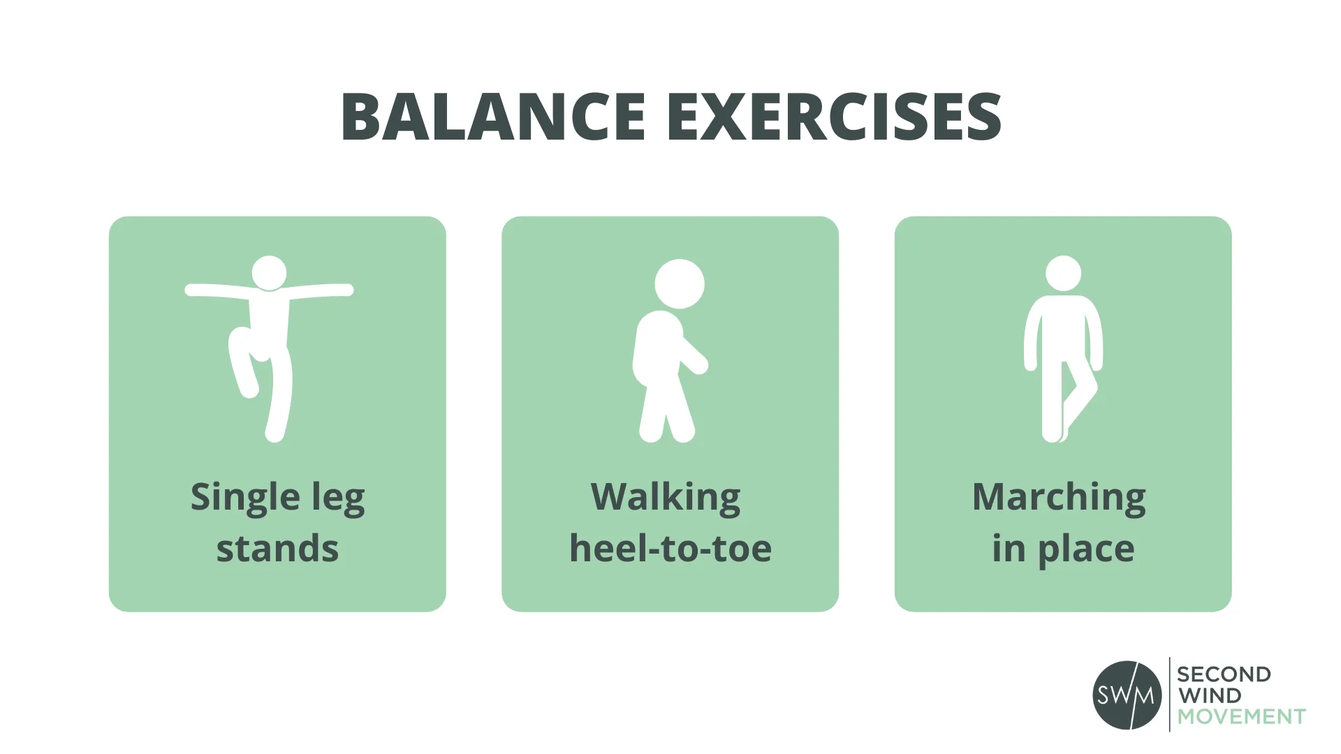 balance fall prevention exercises: single leg stand, walking heel-to-toe, marching in place