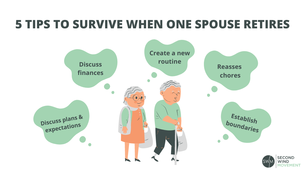 5 tips to survive when one spouse retires: discuss plans and expectations, discuss finances, create a new routine, reasses chores, and establish boundaries