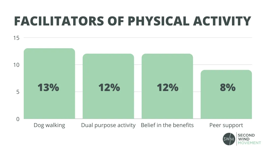 facilitators of physical activity in retirement are: walking the dog, doing things where physical activity is a by-product, believing in the benefits, peer support