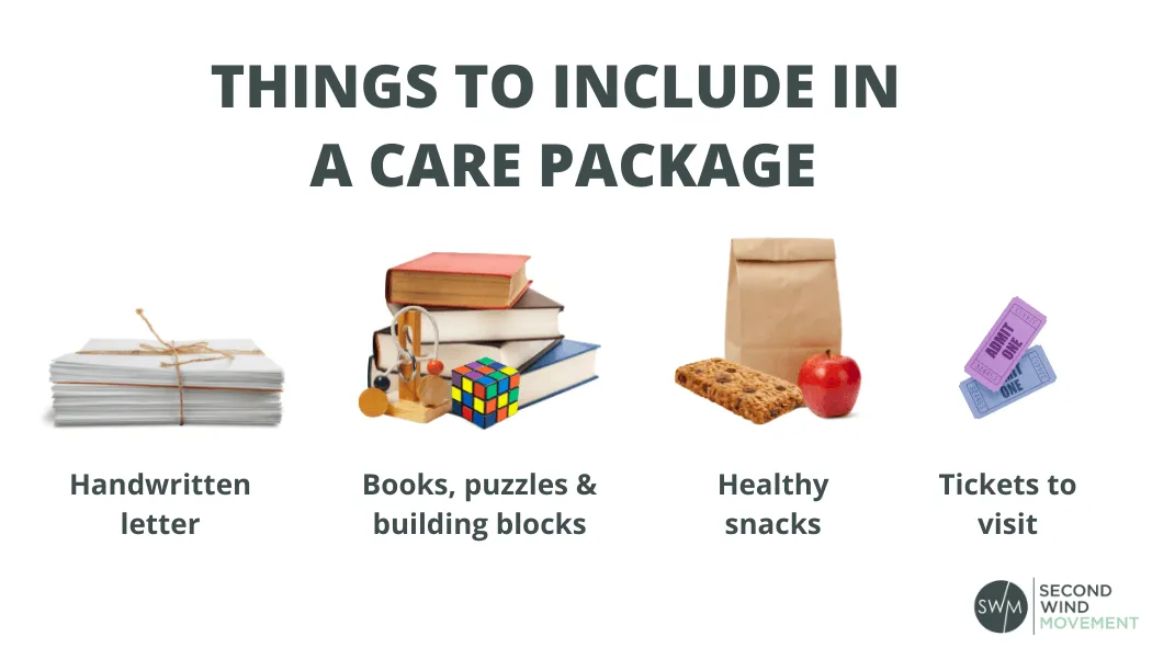 things to include in a care package for your grandchildren: a handwritten letter, books, puzzles, building blocks, healthy homemade snacks or recipes, tickets for events or to visit