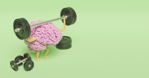 brain exercising with weights on a light green background